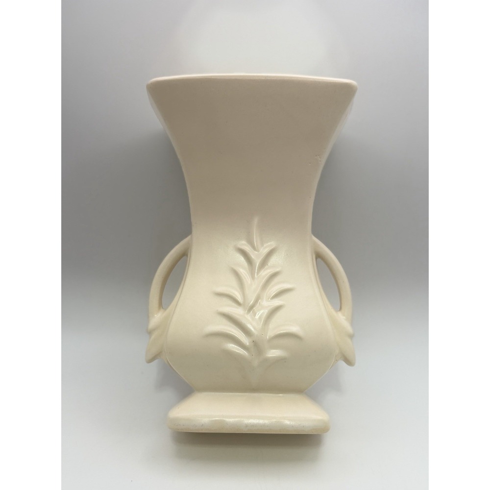 Vintage McCoy Cream White Ceramic Art Deco Vase with Handles Flowers 8" Tall